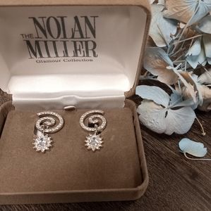 NOLAN MILLER Sparkling Crystal Swirl Dangle Earrings Silver Tone Clip On